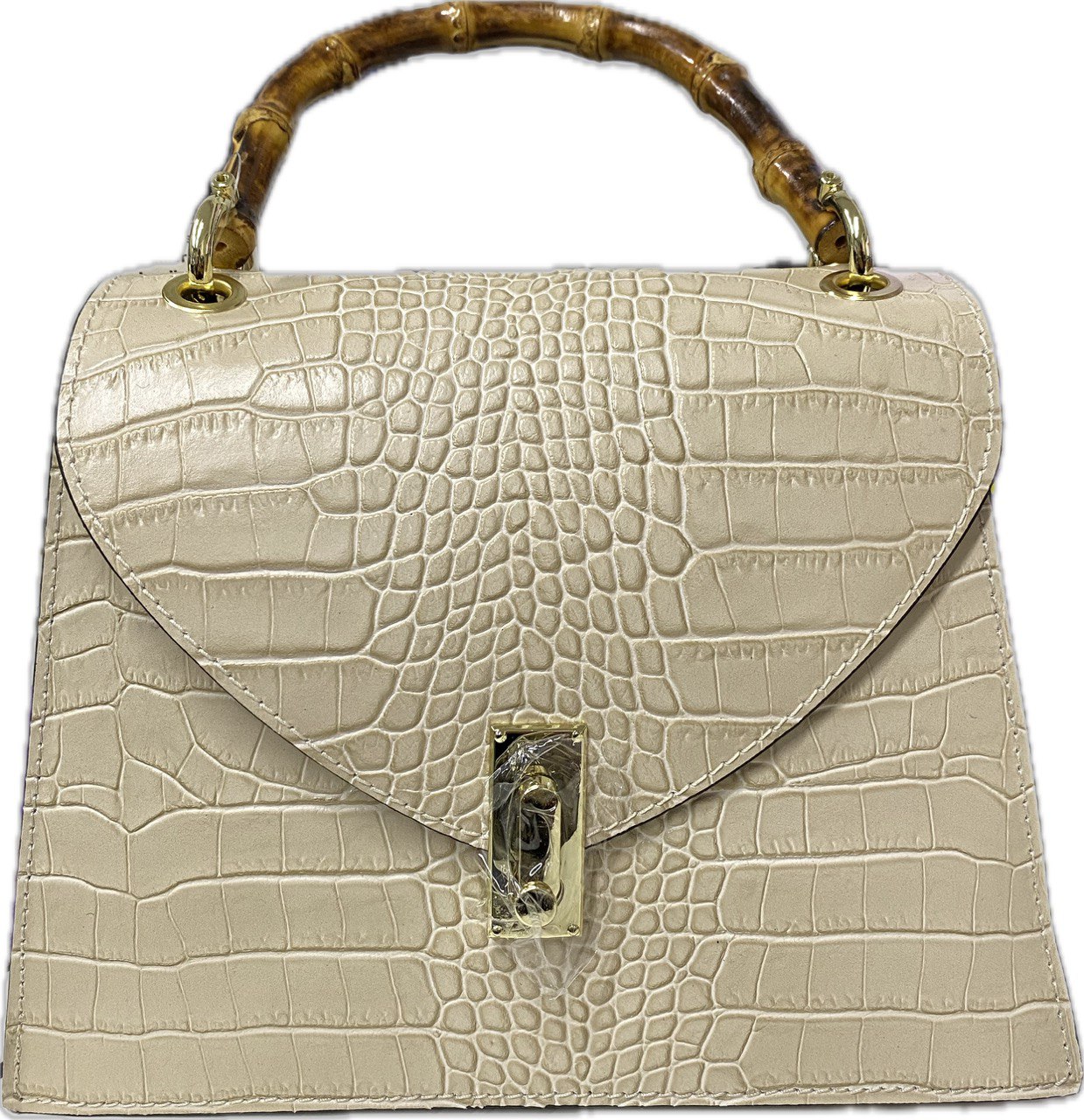 Elizabeth James Croc embossed leather bag with bamboo handle cream EJNH018 
